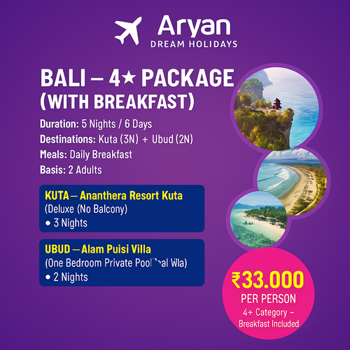 Bali 5 Nights  - 4 star resorts @ Rs 33,000/-pp